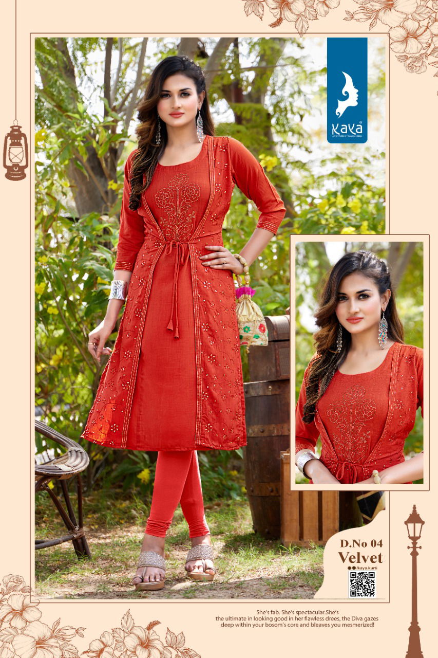 Kaya Velvet Fancy Wear Rayon Stylish Designer Kurti With Jacket Collection
